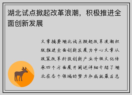 湖北试点掀起改革浪潮，积极推进全面创新发展